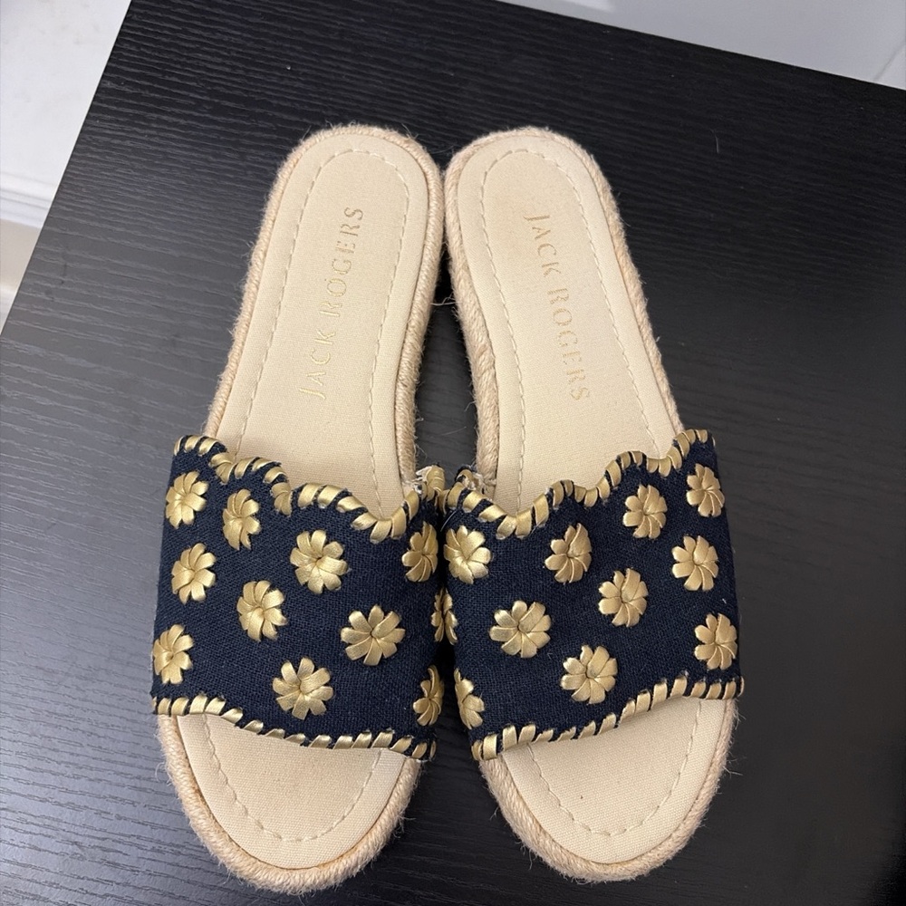 Jack Rogers Navy and Gold Floral Sandals